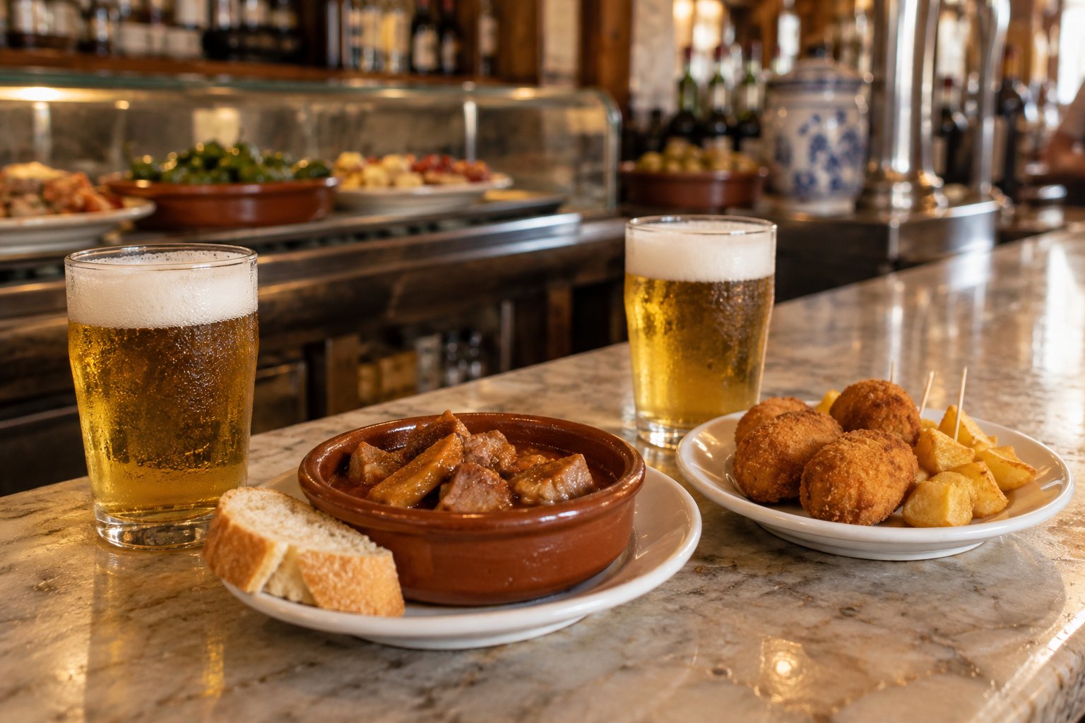 Dos cañas de cerveza con dos tapas generosas, lomo en salsa y croquetas caseras, sobre la barra de mármol de un bar de Granada (imagen ilustrativa)
