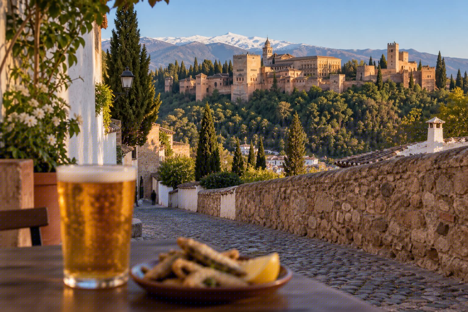Bares de Granada donde comer con dos tapas: tradición viva 2 Mesa con una caña y una tapa de pescaíto frito en una calle empedrada del centro de Granada, con la Alhambra al fondo