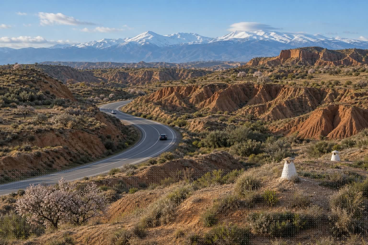 Bares de Granada donde comer con dos tapas: tradición viva 3 Carretera que cruza las cárcavas de arcilla del altiplano de Guadix, con chimeneas blancas asomando del terreno y Sierra Nevada nevada al fondo