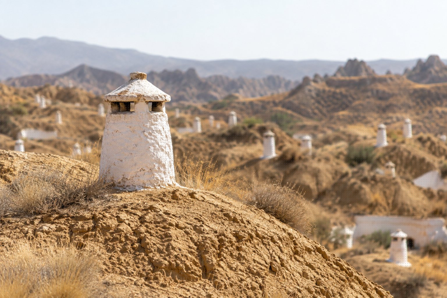 Chimenea encalada de una casa cueva sobre un montículo de arcilla bajo el sol de verano en el altiplano de Guadix