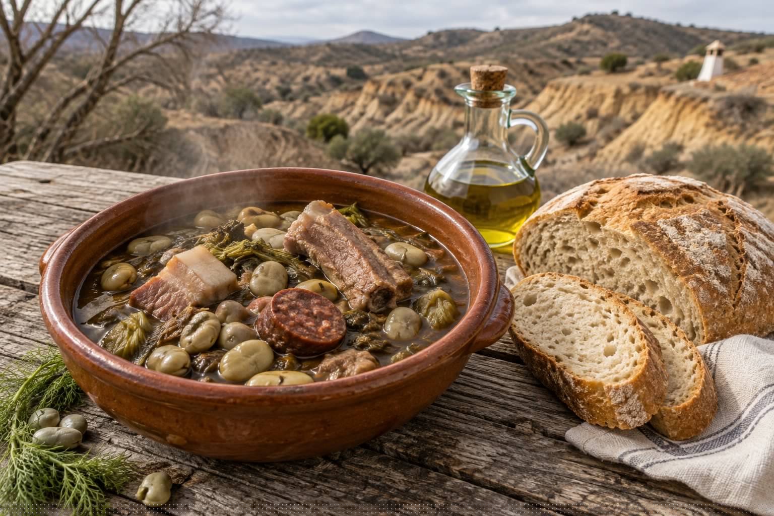 Cuenco de barro con olla de San Antón, pan de pueblo y aceite de oliva sobre una mesa de madera al aire libre