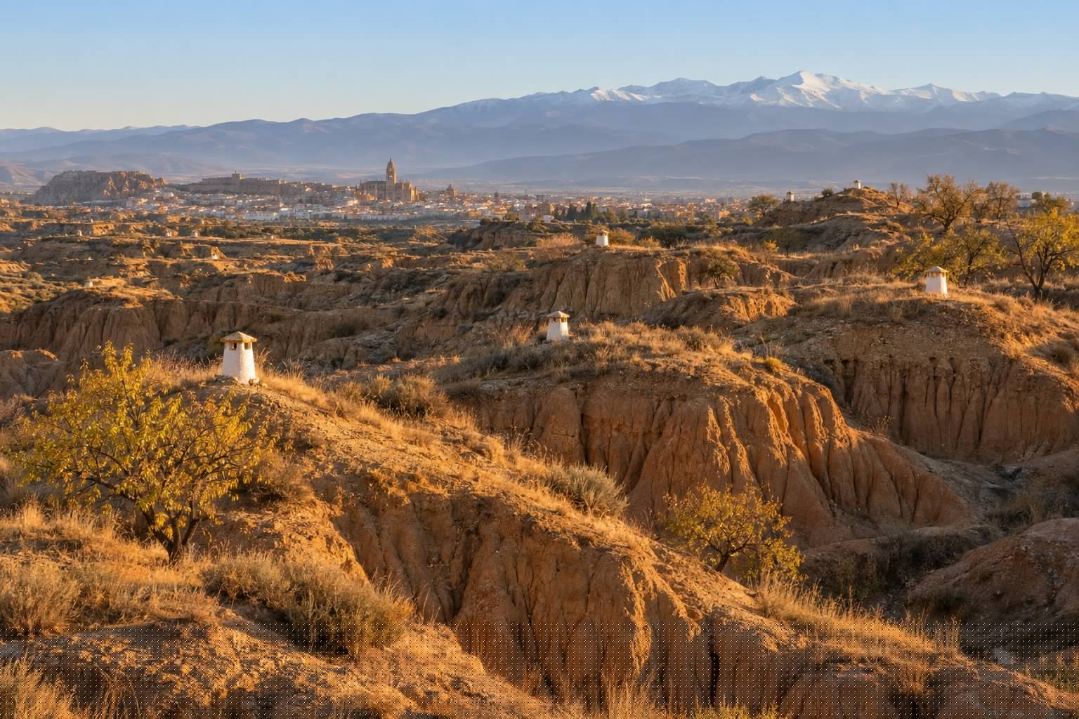 Cárcavas de arcilla ocre del altiplano de Guadix al atardecer en otoño, con chimeneas blancas de casas cueva asomando del terreno y Sierra Nevada al fondo (imagen ilustrativa)