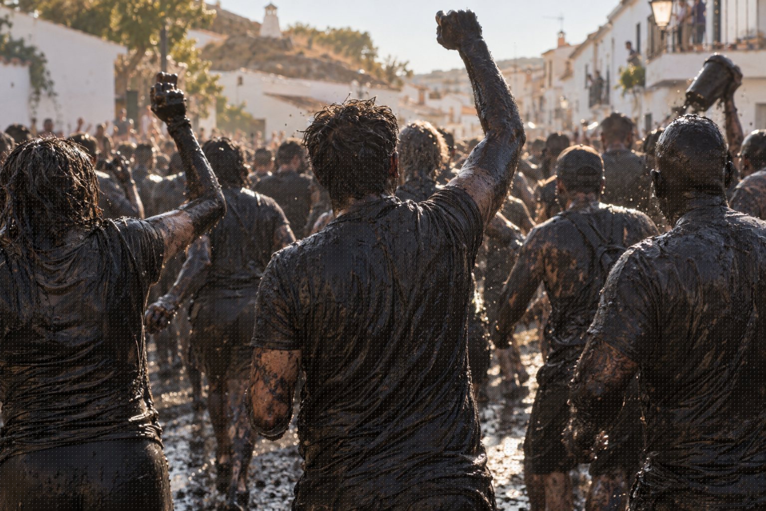 Multitud de espaldas cubierta de pintura negra durante la fiesta del Cascamorras, sin rostros visibles