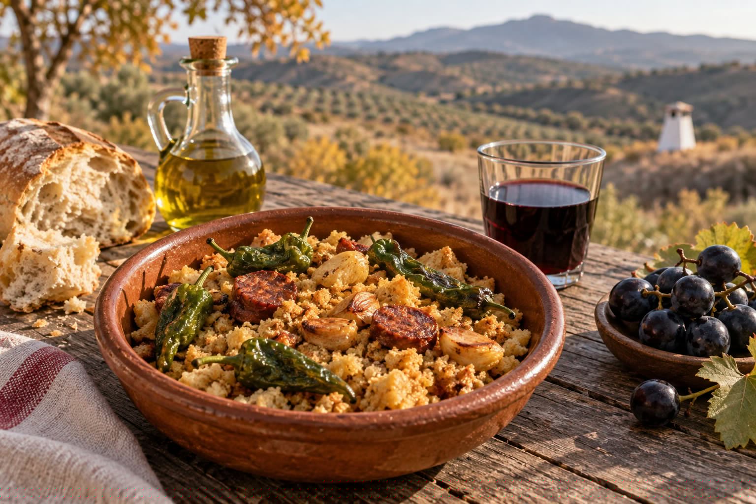 Cazuela de barro con migas, pimientos fritos, chorizo y uvas, junto a una botella de aceite de oliva y pan de pueblo