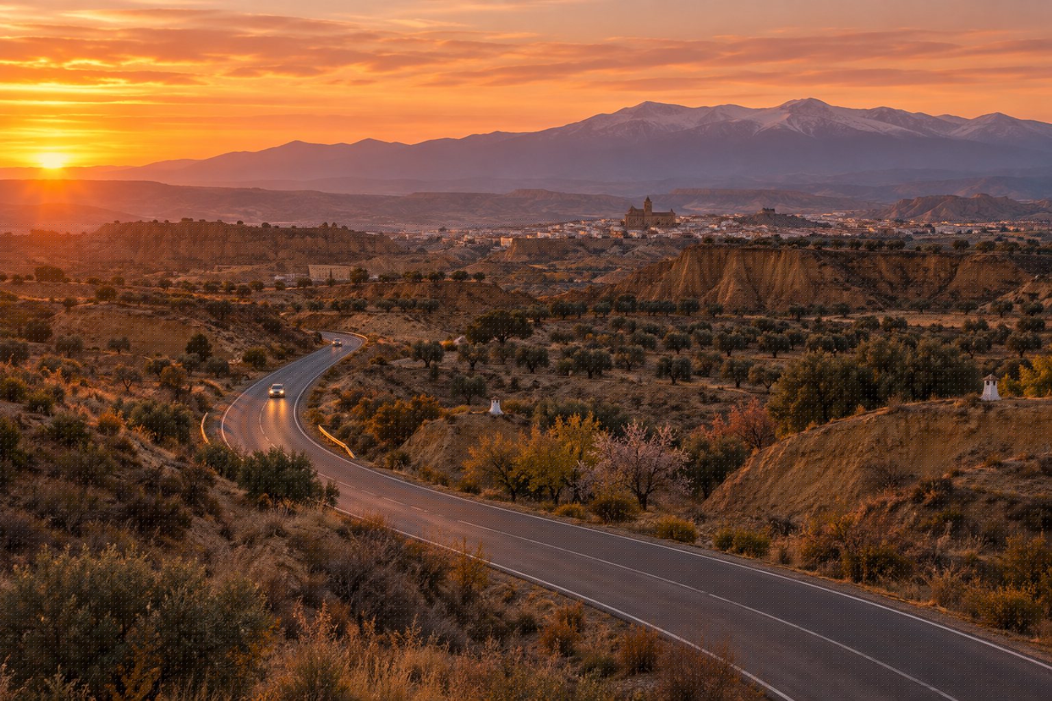 Casas cueva Guadix: el Altiplano de Pablo Castilla llega a Granada 3 Carretera que cruza la hoya de Guadix al atardecer de otoño, entre cerros de arcilla dorada, con Guadix a lo lejos y Sierra Nevada al fondo