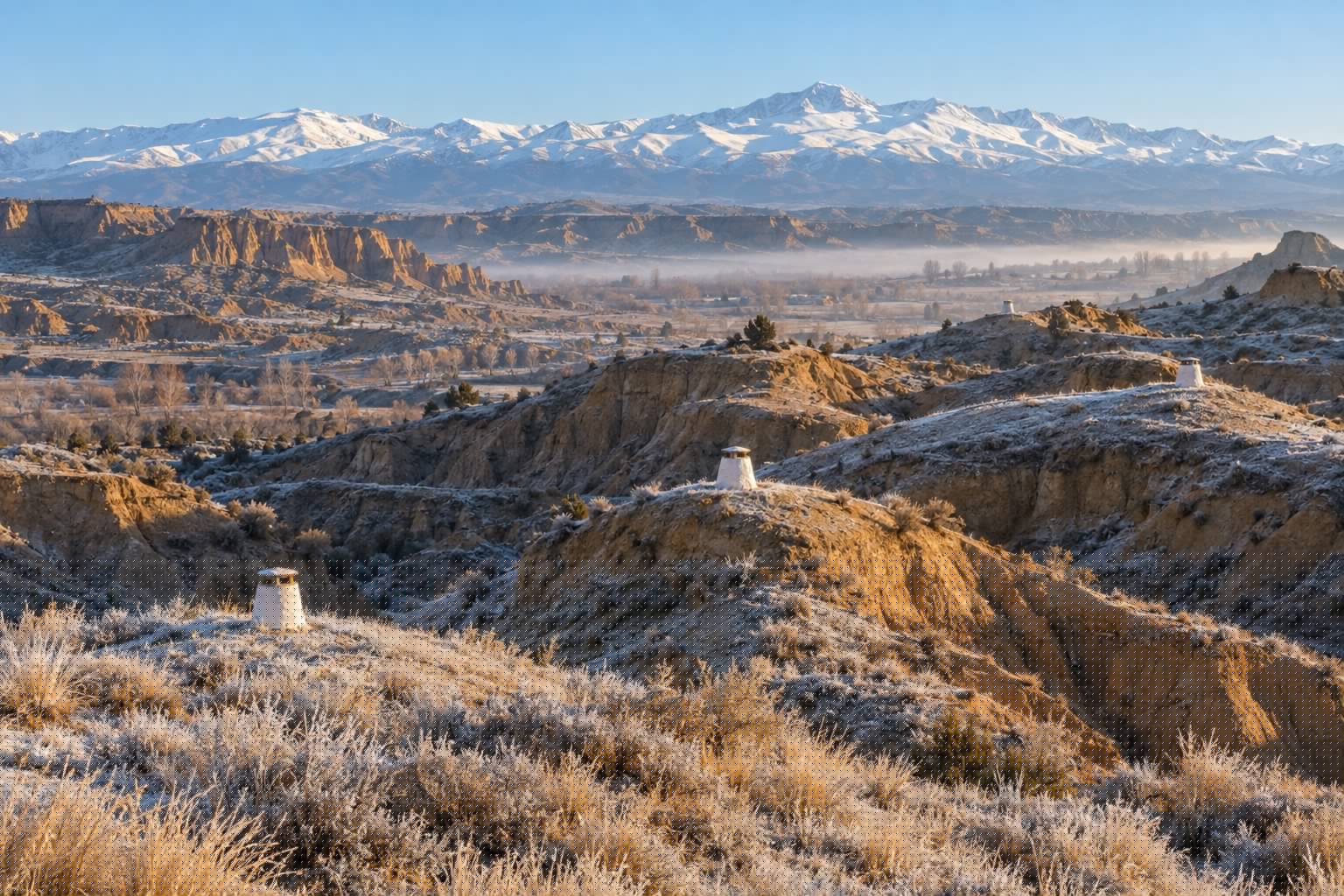 Mañana de invierno con escarcha sobre los cerros de arcilla de Guadix, chimeneas blancas de casas cueva y Sierra Nevada nevada al fondo