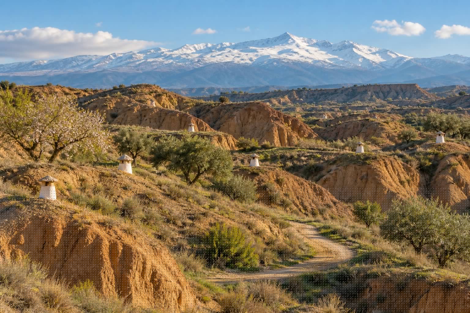 Cárcavas de arcilla ocre del altiplano de Guadix con chimeneas blancas de casas cueva asomando del terreno y Sierra Nevada nevada al fondo en primavera (imagen ilustrativa)