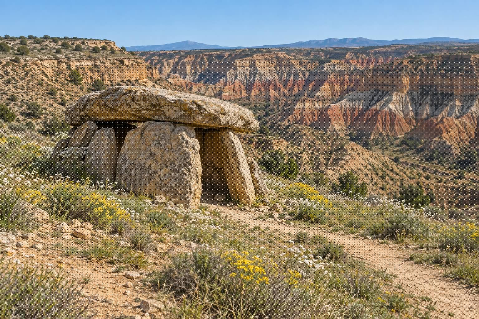 Empleo en Andalucía: qué significa para el turismo rural en 2026 2 Dolmen de piedra del conjunto megalítico de Gorafe en primavera, con el cañón de cárcavas ocres del Geoparque de Granada al fondo