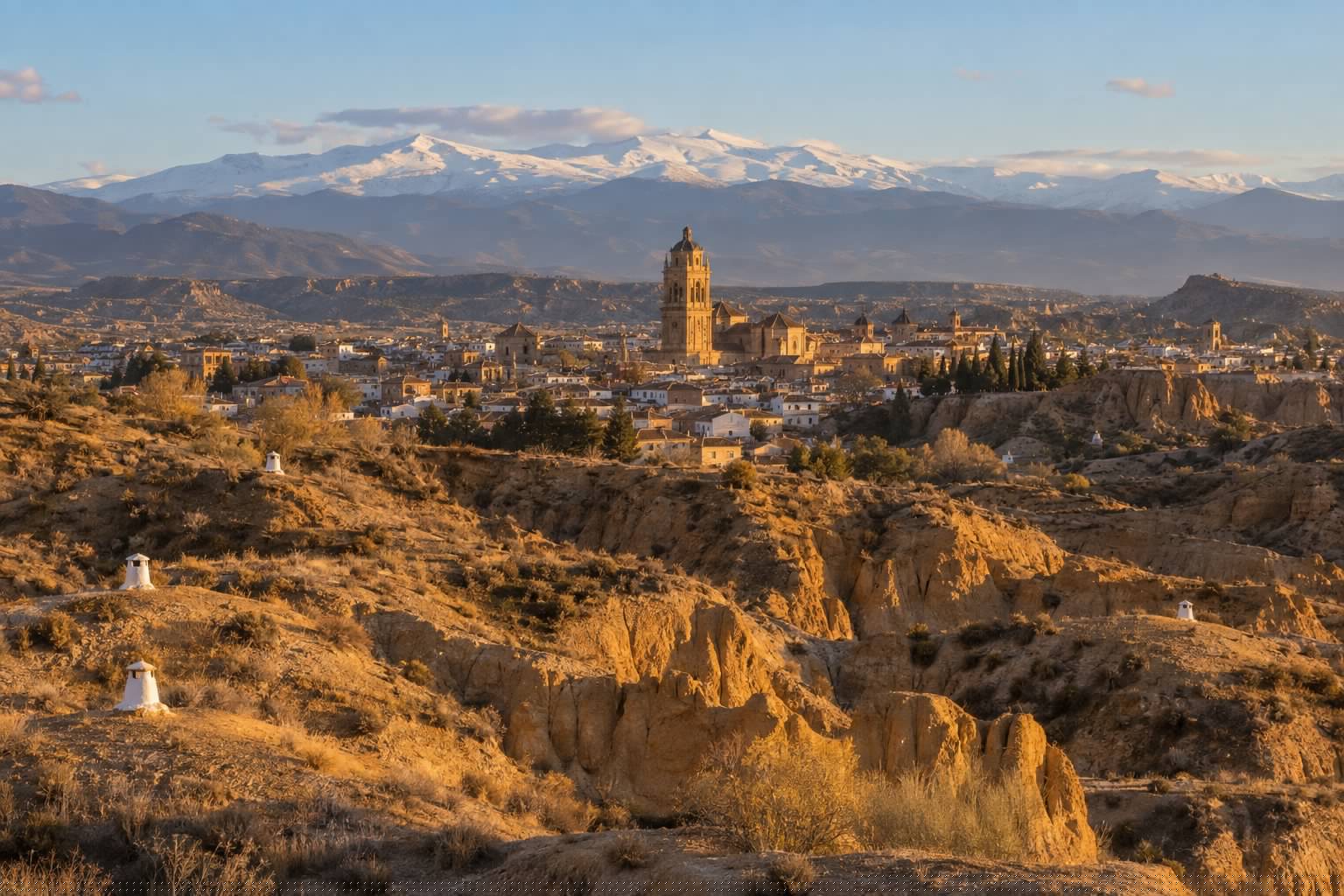 Guadix al atardecer en otoño, con la torre de la catedral, cárcavas de arcilla ocre en primer plano y Sierra Nevada al fondo (imagen ilustrativa)
