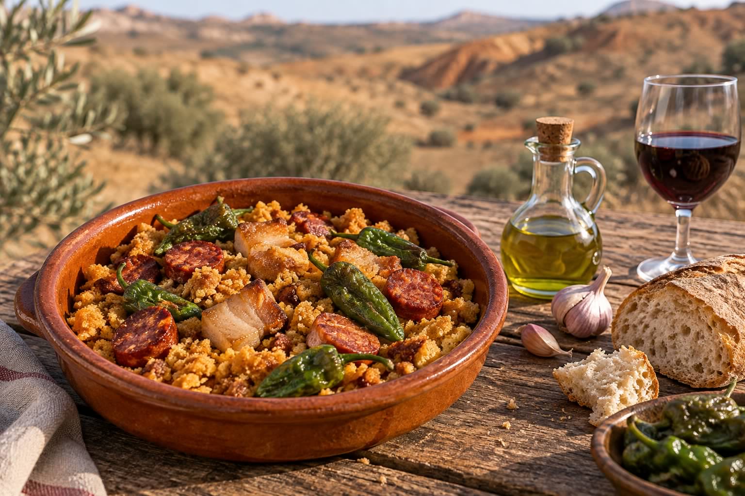 Escapada rural a Guadix: cine, cuevas y la lección de María Galiana 2 Plato de migas en cazuela de barro con chorizo y pimientos, junto a aceite de oliva, pan de pueblo y un vaso de vino tinto