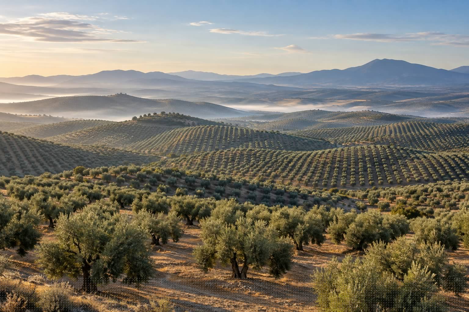 Mar de olivos de Jaén con bruma sobre las lomas a primera hora de la mañana (imagen ilustrativa)