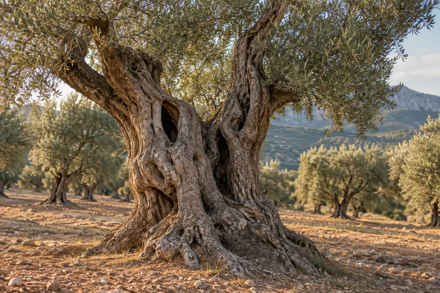 Tronco retorcido de un olivo centenario en un olivar de Jaén