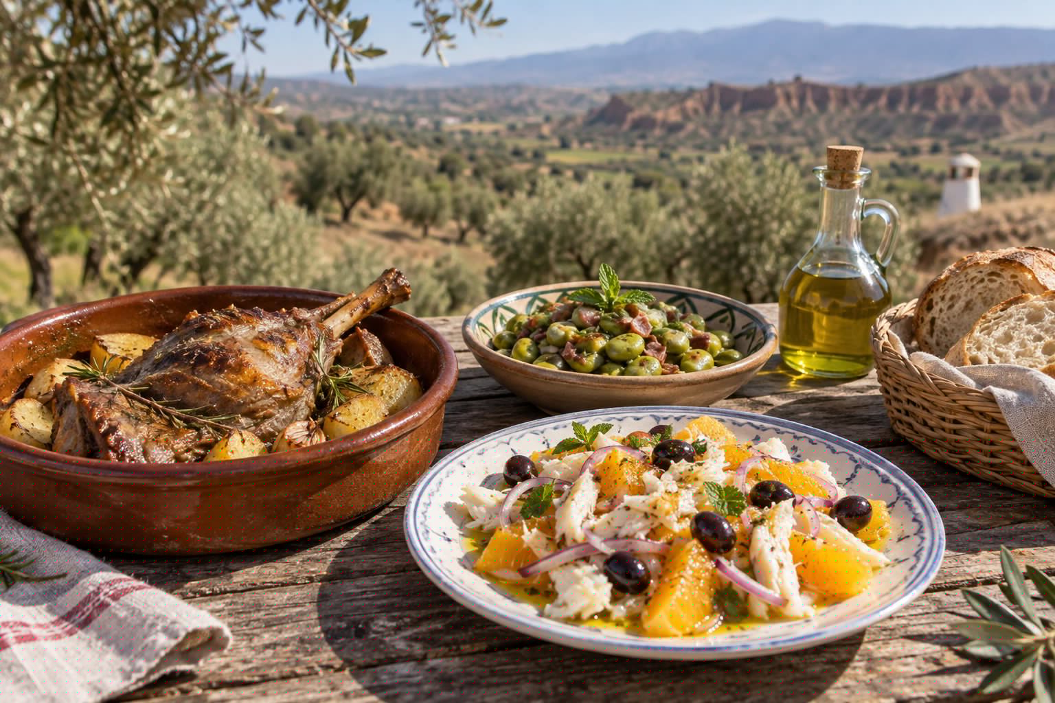 Mesa al aire libre con cordero asado, habas con jamón, remojón de naranja y bacalao y aceite de oliva virgen extra