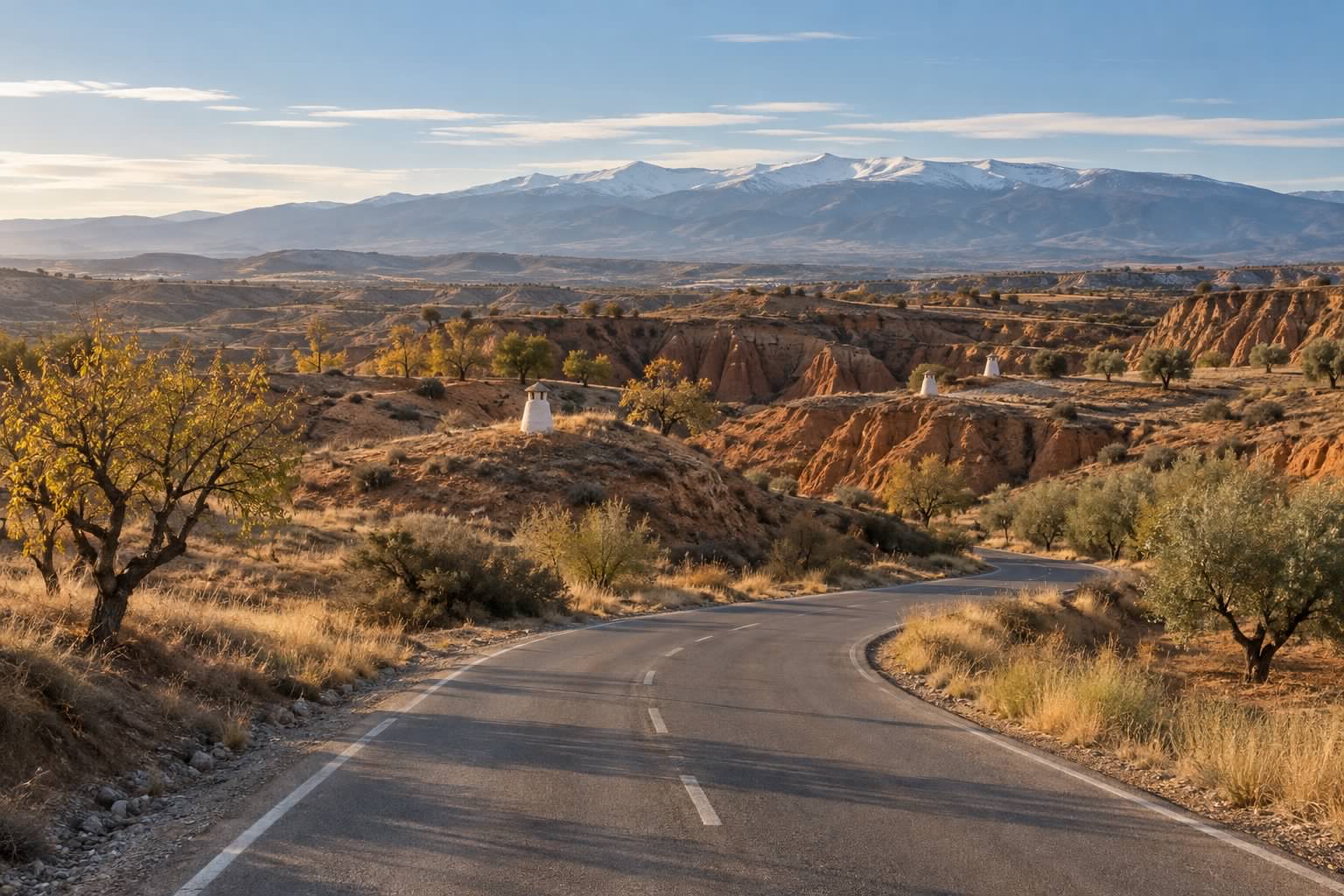 Carretera comarcal que cruza las cárcavas ocres del altiplano de Guadix en otoño, con chimeneas blancas de casas cueva asomando del terreno y Sierra Nevada al fondo (imagen ilustrativa)