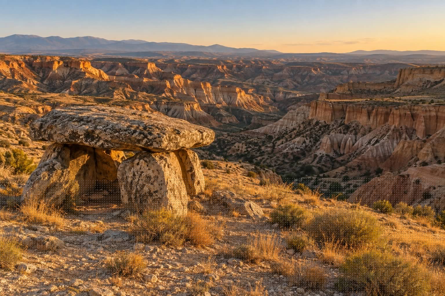 Dolmen de piedra en el borde de los barrancos de Gorafe, en el Geoparque de Granada, con la luz dorada de una tarde de otoño