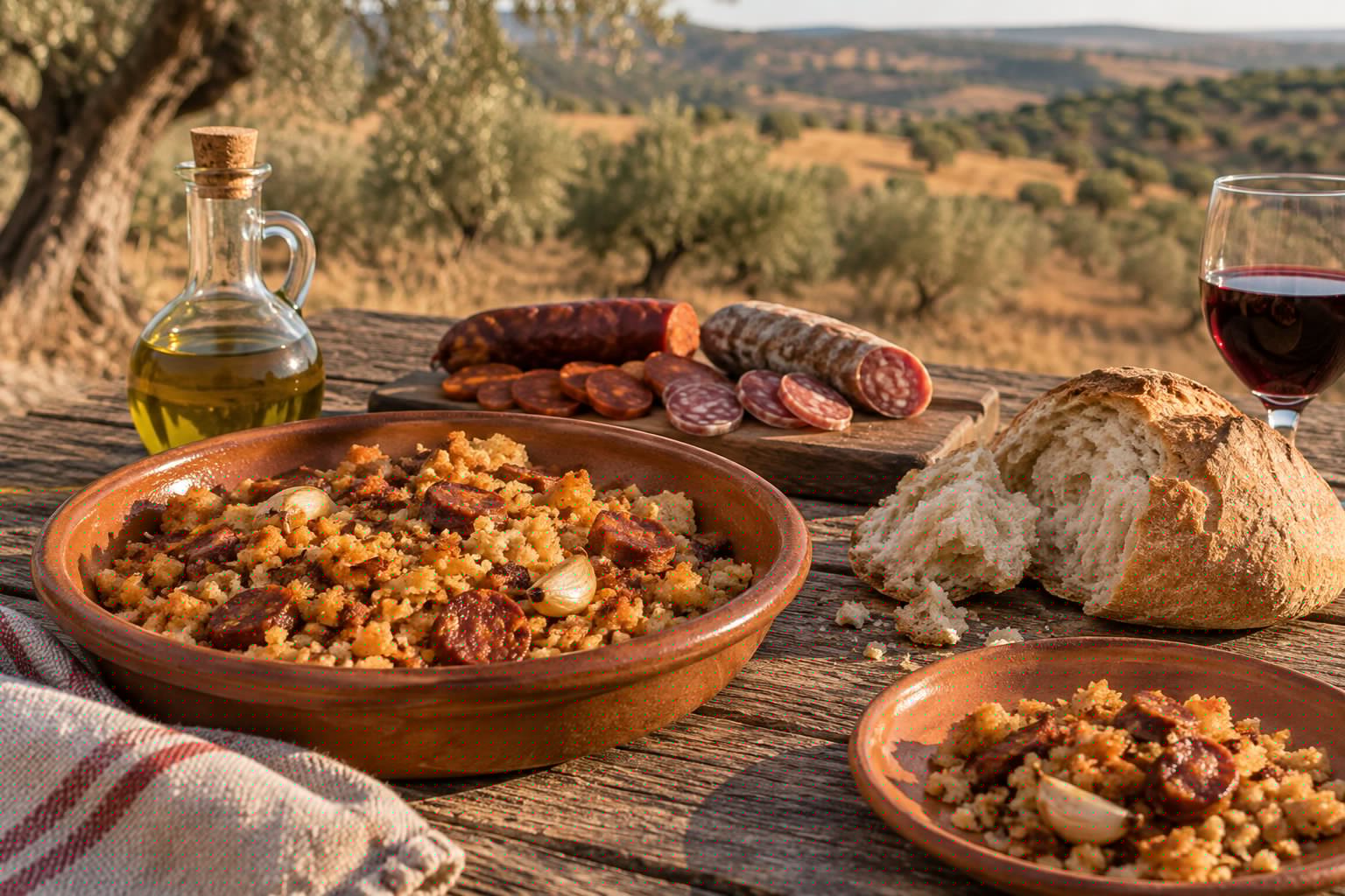 Mesa rústica al aire libre con un plato de migas, aceite de oliva, embutidos de matanza y pan de pueblo, con olivos desenfocados al fondo