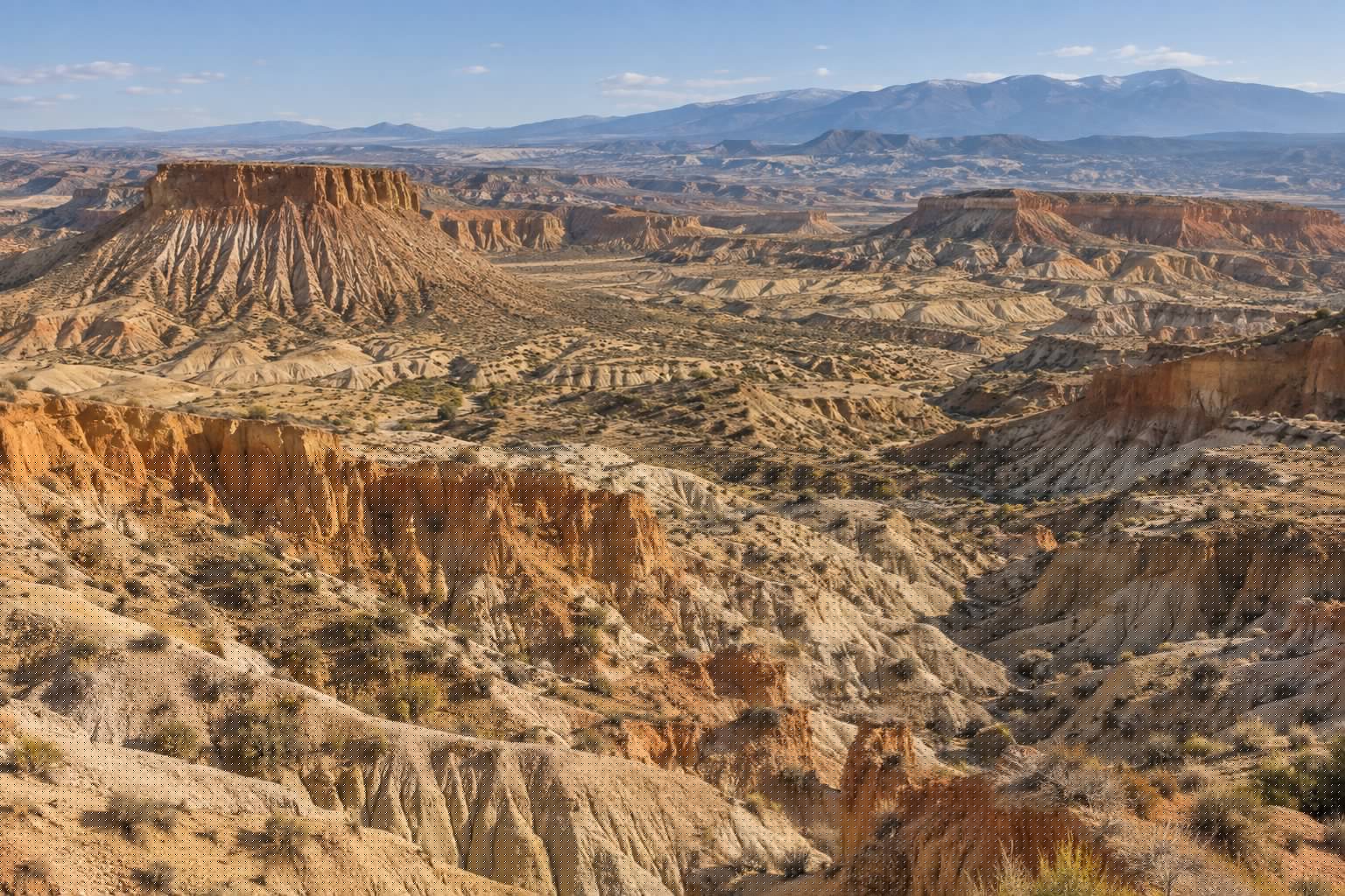 Panoramica geologica del Geoparque de Granada con formaciones de arcilla erosionada junto a Guadix