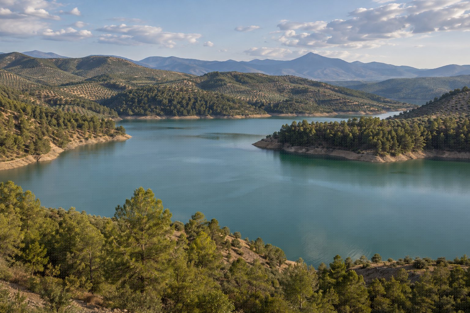 El embalse de Los Bermejales rodeado de colinas y olivares en el poniente granadino