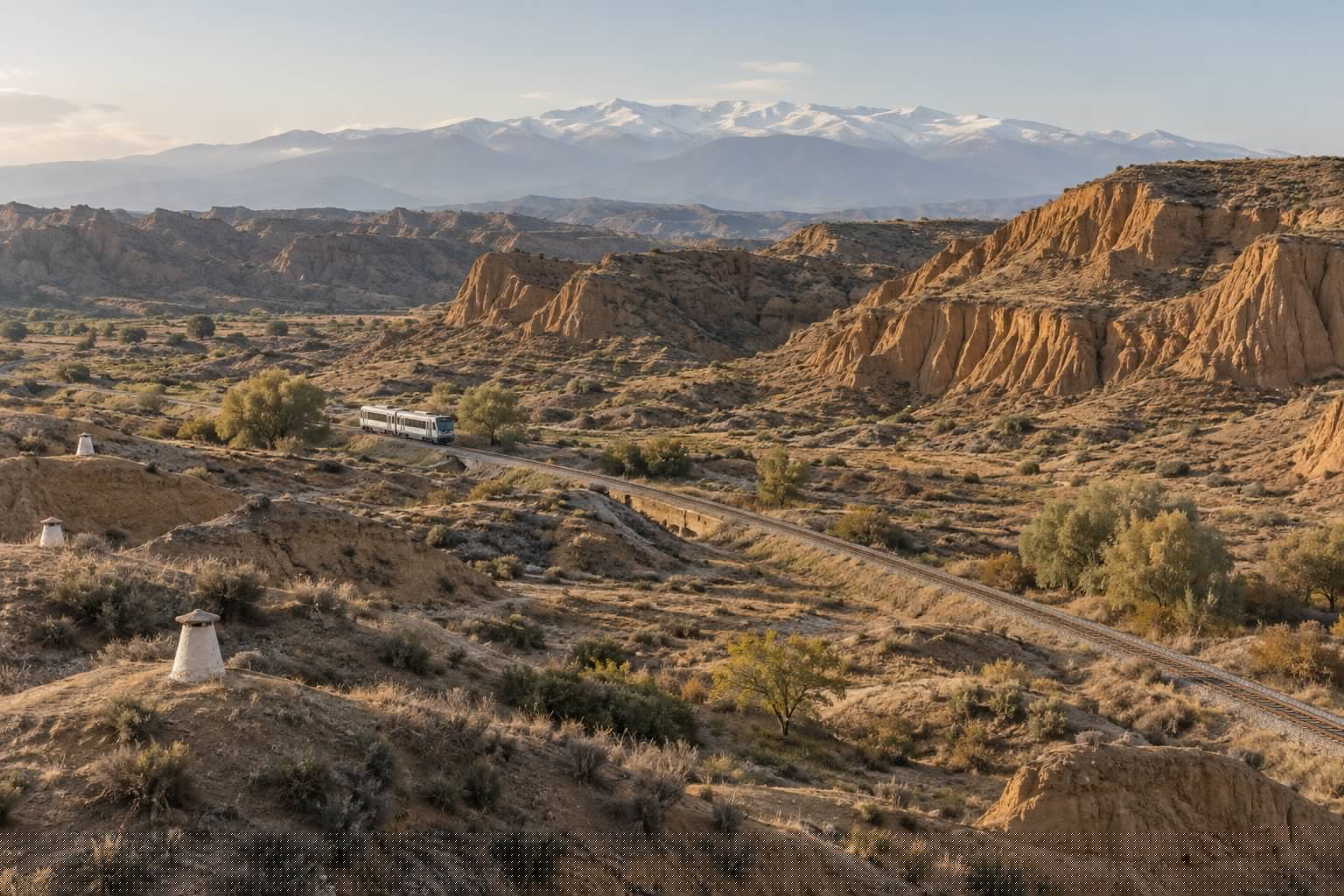 Tren regional cruzando el paisaje de cárcavas ocres camino de Guadix, con Sierra Nevada al fondo