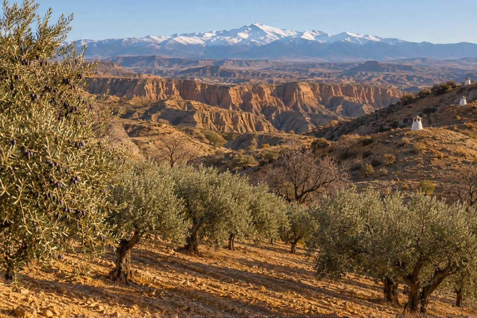Olivar en ladera de arcilla ocre en el altiplano de Guadix, con cárcavas, chimeneas blancas de casas cueva asomando del terreno y Sierra Nevada nevada al fondo (imagen ilustrativa)
