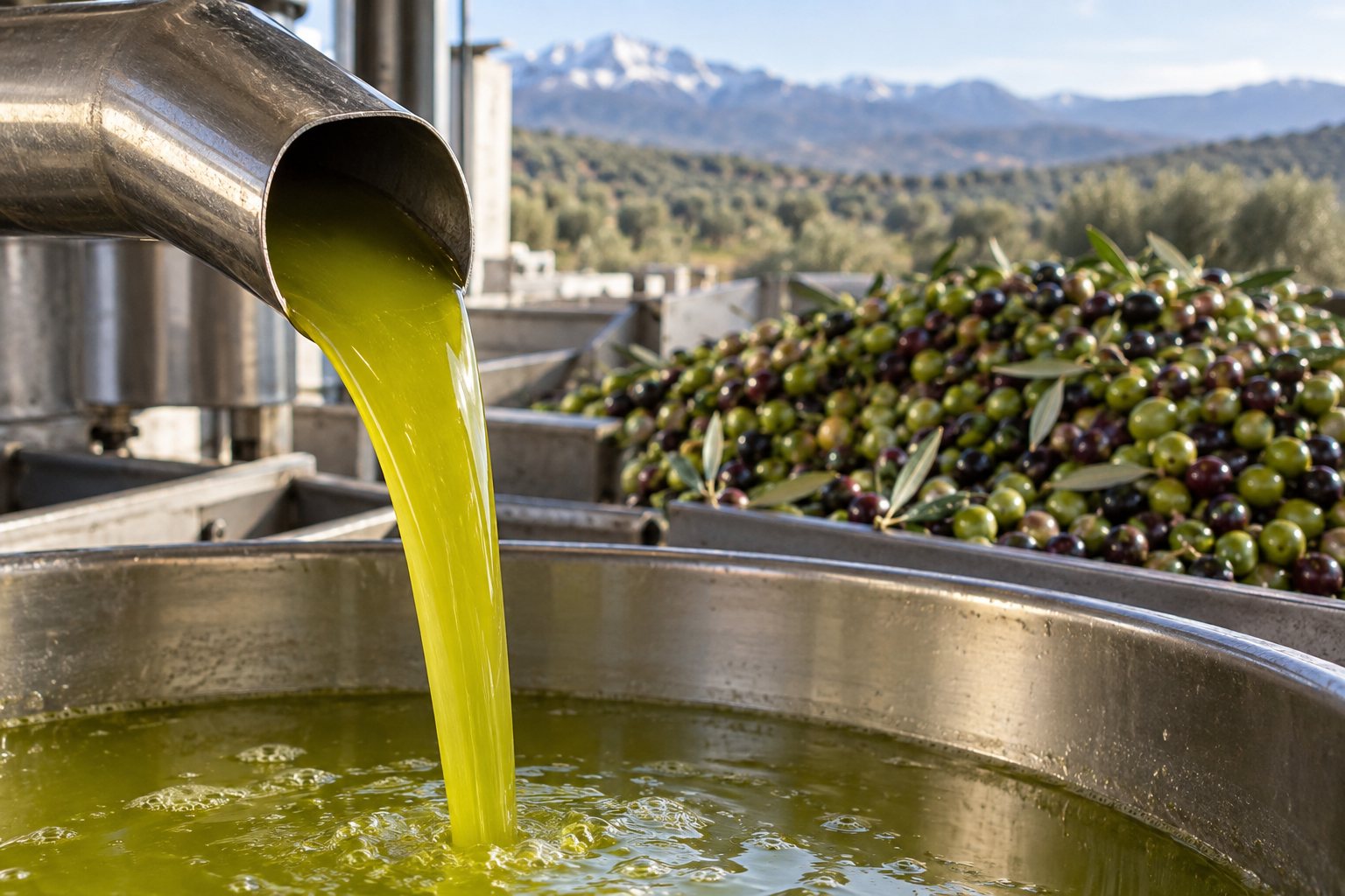 Aceite de oliva virgen extra recién prensado, verde y turbio, cayendo de un caño de acero en una almazara, con aceitunas recién cosechadas al fondo