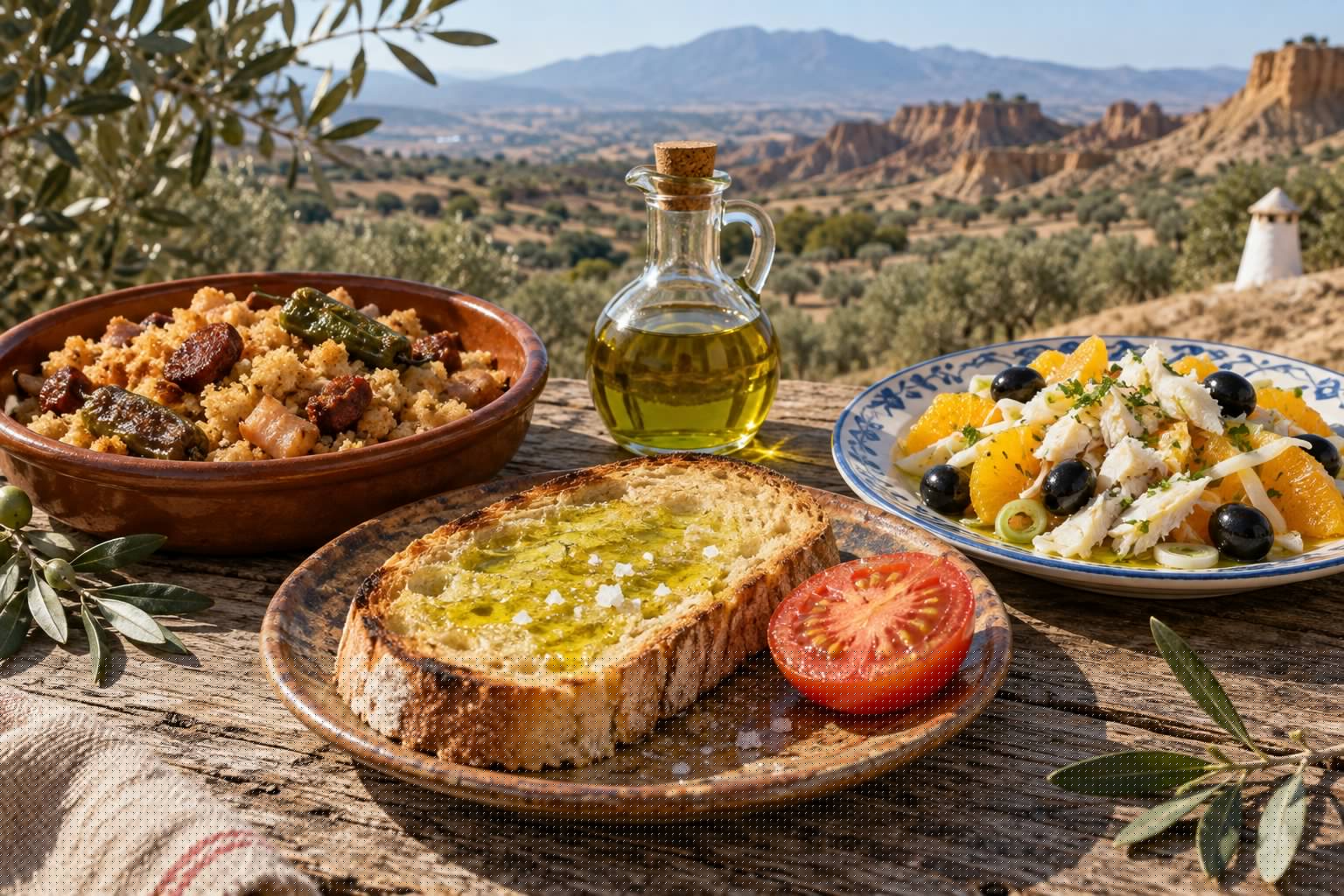 Mesa rústica con pan tostado regado con aceite verde y sal gorda, un plato de migas, remojón granadino con naranja y bacalao, y una aceitera de cristal