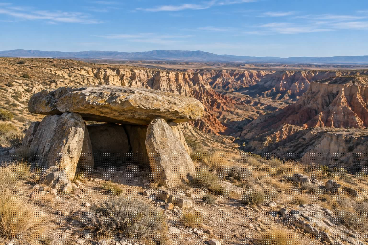 Dolmen prehistórico de losas de piedra sobre la meseta de Gorafe, con el barranco de cárcavas ocres al fondo
