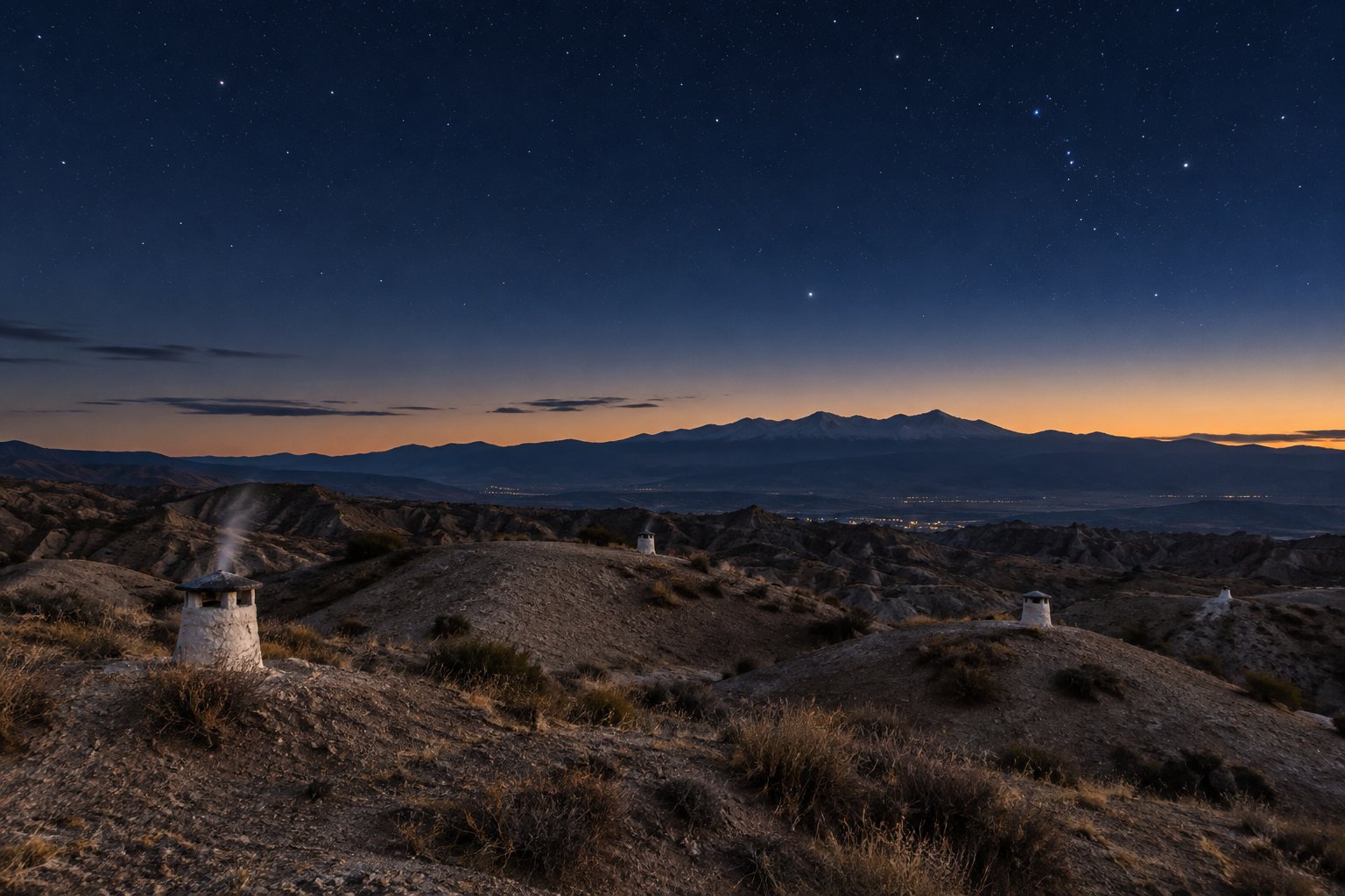 Chimeneas blancas de casas cueva asomando entre lomas de arcilla al anochecer, bajo un cielo con las primeras estrellas y la silueta de Sierra Nevada