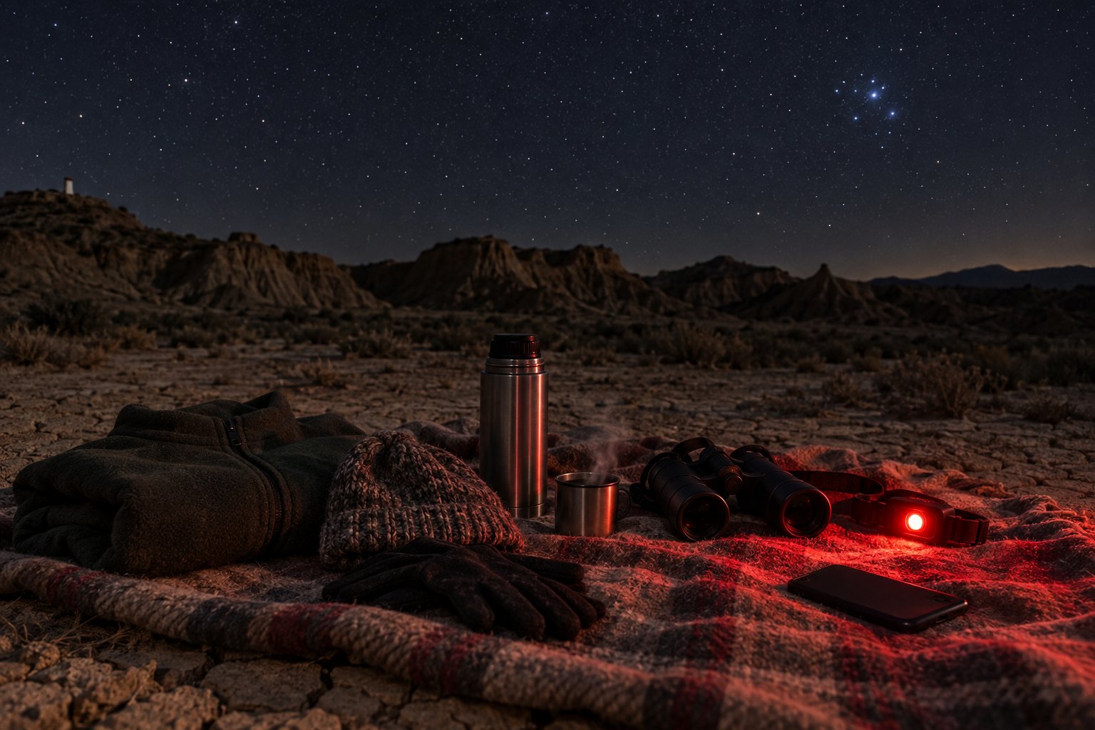 Ver estrellas en Guadix desde la puerta de tu casa cueva 3 Manta, gorro, termo, prismáticos y linterna con luz roja sobre el terreno del altiplano en una noche estrellada de otoño