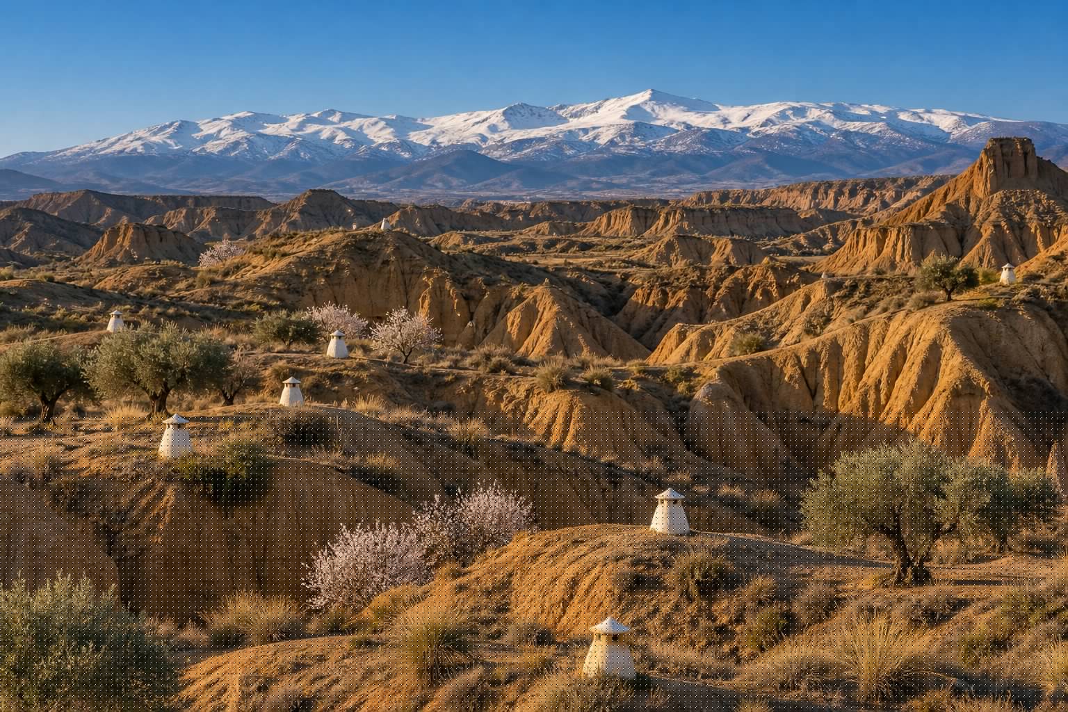 Cárcavas de arcilla ocre del altiplano de Guadix con chimeneas blancas de casas cueva asomando del terreno y Sierra Nevada nevada al fondo (imagen ilustrativa)