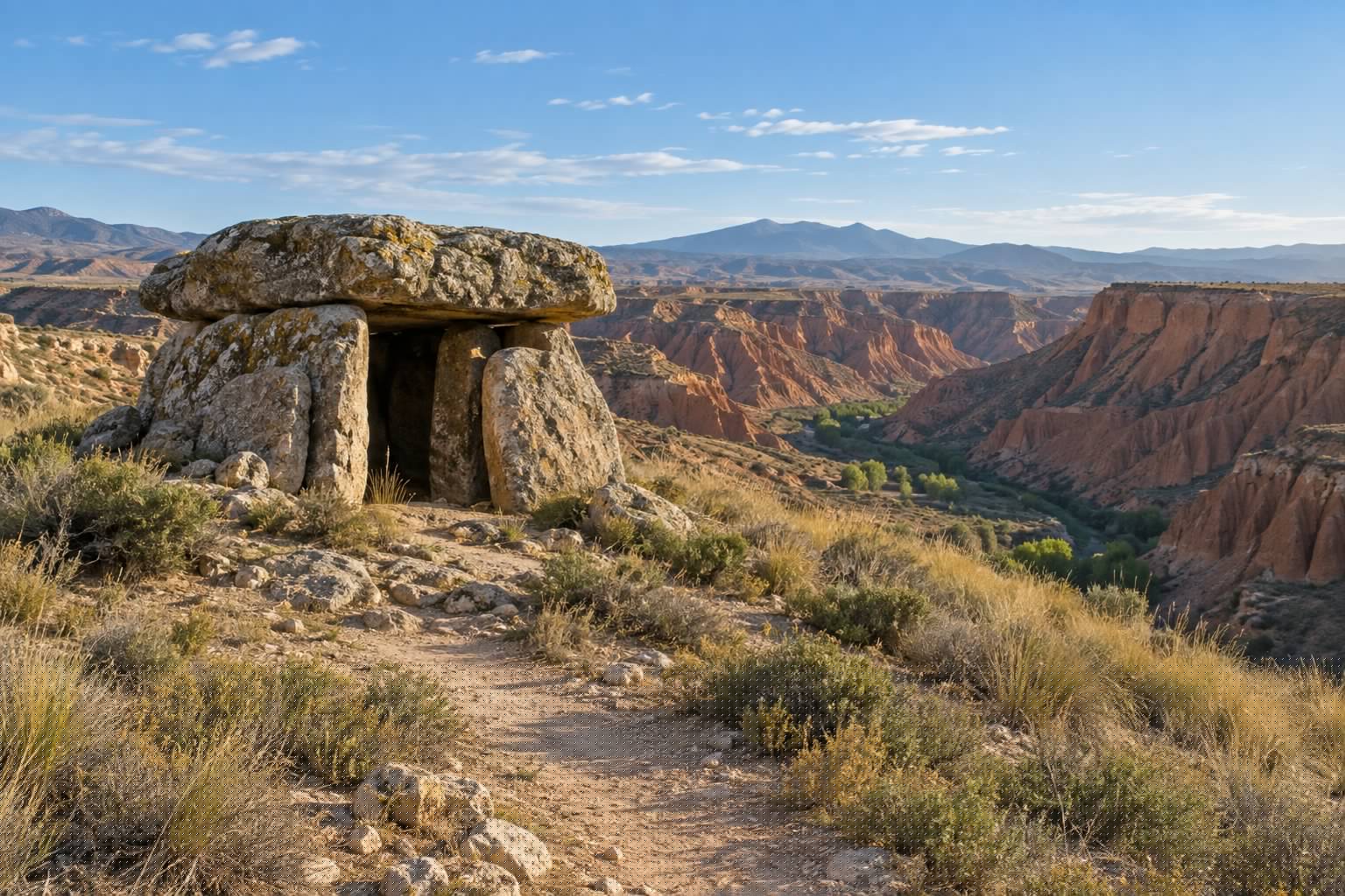 Dolmen prehistórico de grandes losas de piedra en el Parque Megalítico de Gorafe, con el valle del río Gor y sus cárcavas de arcilla al fondo
