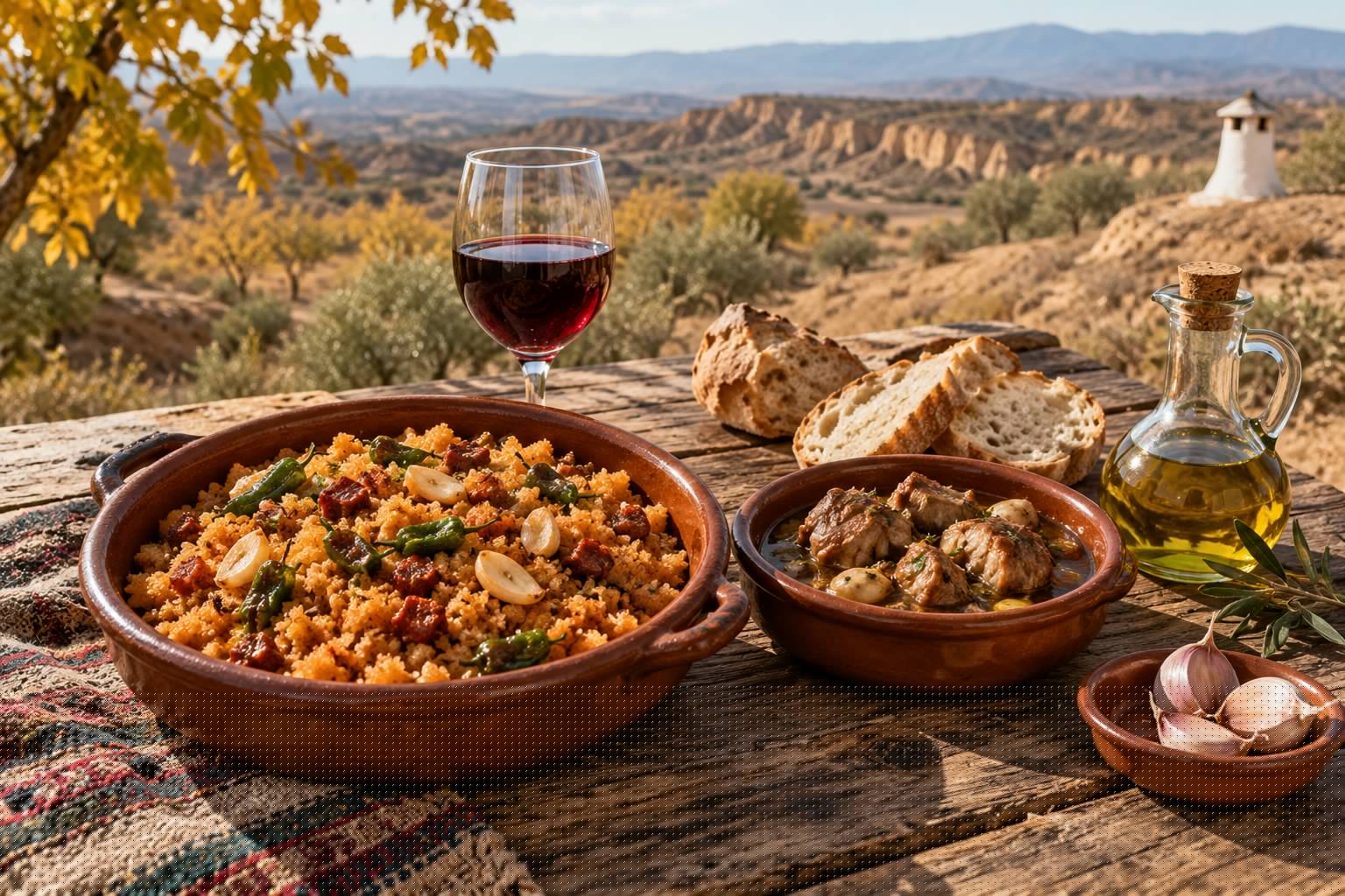 Casas cueva en Guadix: vino de altura y descanso bajo tierra 3 Mesa rústica al aire libre con migas, choto al ajillo, pan, aceite de oliva y una copa de vino tinto
