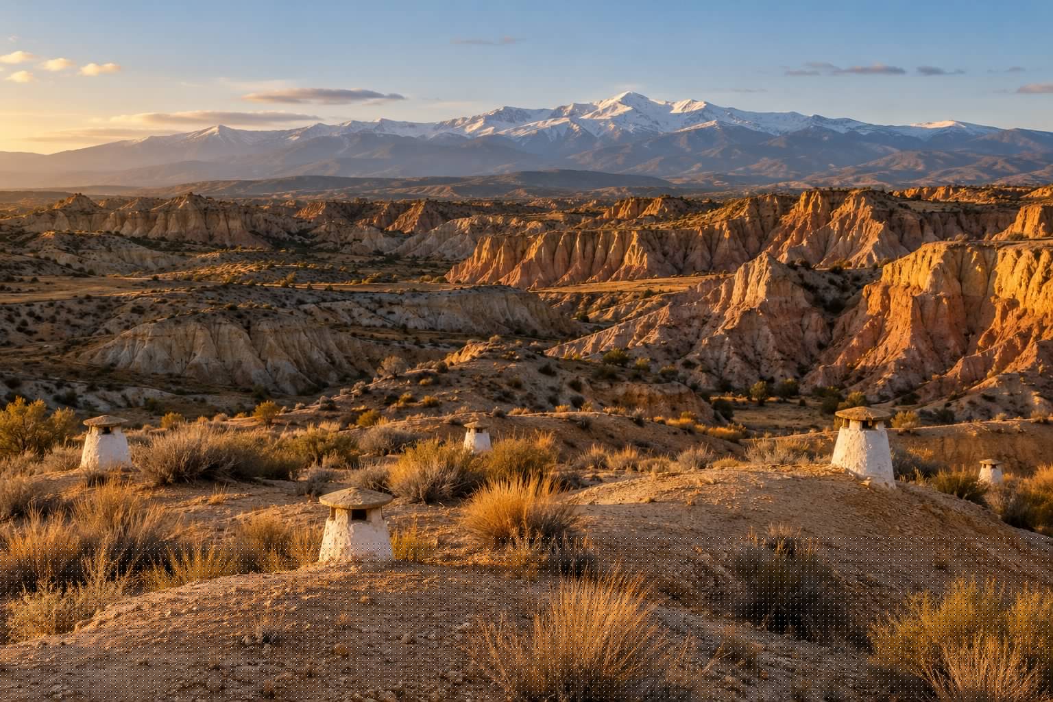 Chimeneas blancas de casas cueva asomando del terreno arcilloso del altiplano de Guadix, con cárcavas ocres y Sierra Nevada al fondo al atardecer (imagen ilustrativa)