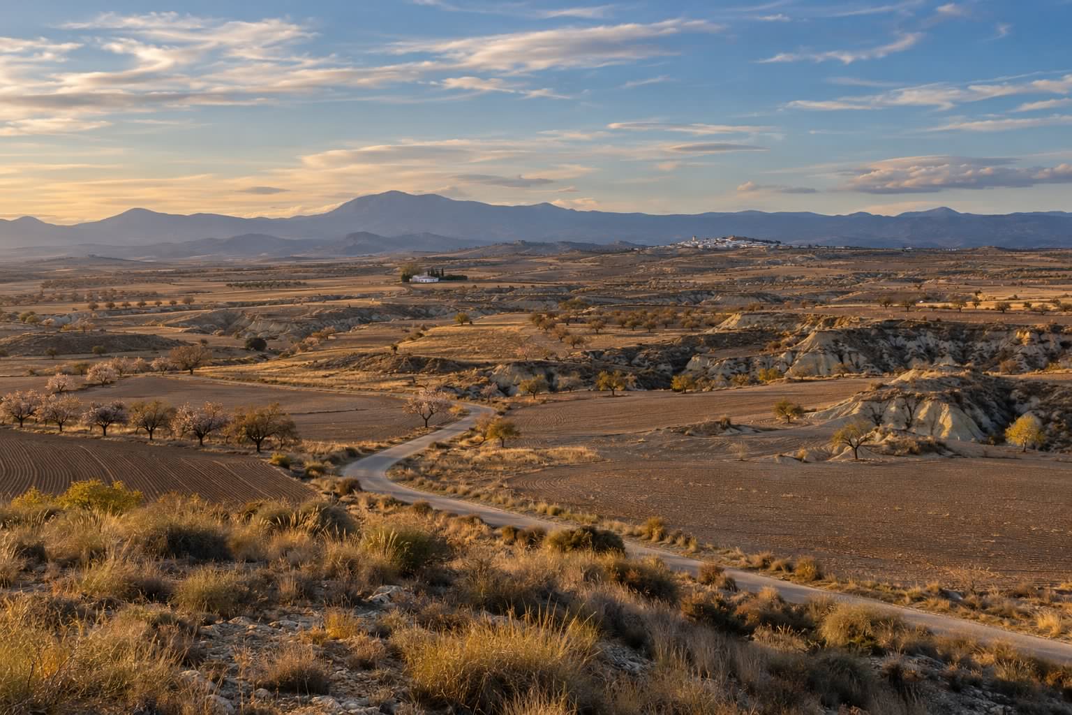 Casas cueva en Guadix y la memoria rural que rescata «Los Paraísos» 2 Carretera rural que cruza el altiplano del norte de Granada entre campos ocres, con un pequeño pueblo blanco a lo lejos bajo la luz de octubre