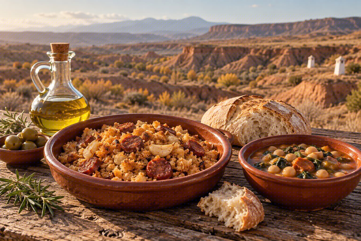 Casas cueva en Guadix y la memoria rural que rescata «Los Paraísos» 3 Cazuela de barro con migas, guiso de cuchara, pan y aceite de oliva sobre una mesa de madera con las colinas ocres del altiplano al fondo