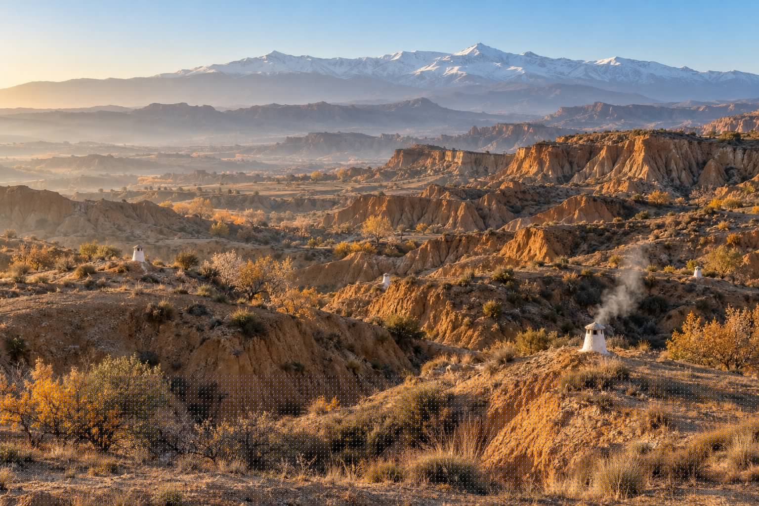 Cárcavas de arcilla ocre del altiplano de Guadix al amanecer, con chimeneas blancas de casas cueva asomando del terreno y Sierra Nevada al fondo (imagen ilustrativa)