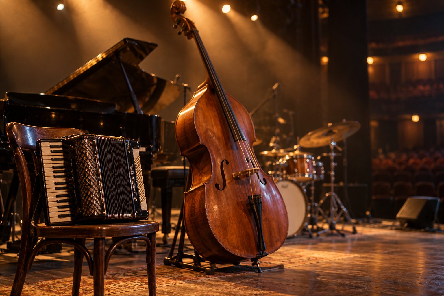 Casas cueva en Guadix: del silencio al jazz de Almuñécar en octubre 2 Acordeón y contrabajo sobre un escenario pequeño iluminado con luz cálida antes de un concierto de jazz
