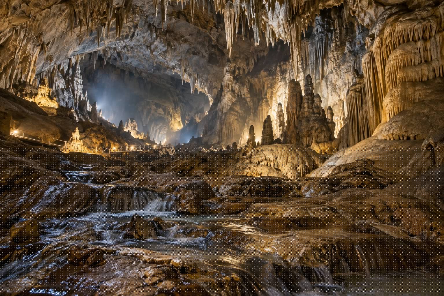 De las cuevas de León a dormir en una cueva en Guadix 2 Gran sala de una cueva kárstica de León con estalactitas, estalagmitas y un arroyo subterráneo sobre la roca caliza húmeda