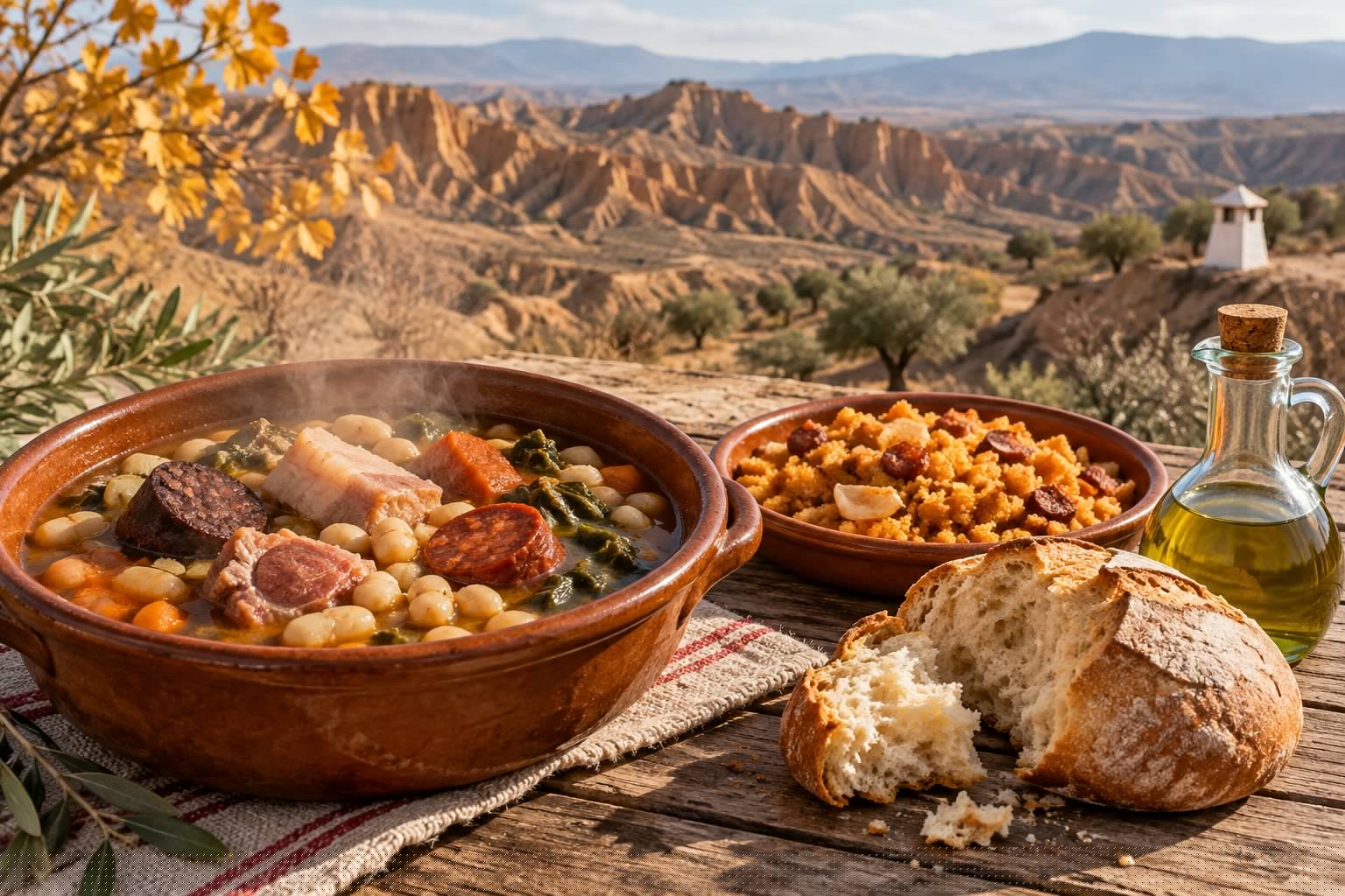 De las cuevas de León a dormir en una cueva en Guadix 3 Olla de San Antón, migas, pan de pueblo y aceite de oliva sobre una mesa de madera, con los cerros de arcilla de Guadix desenfocados al fondo