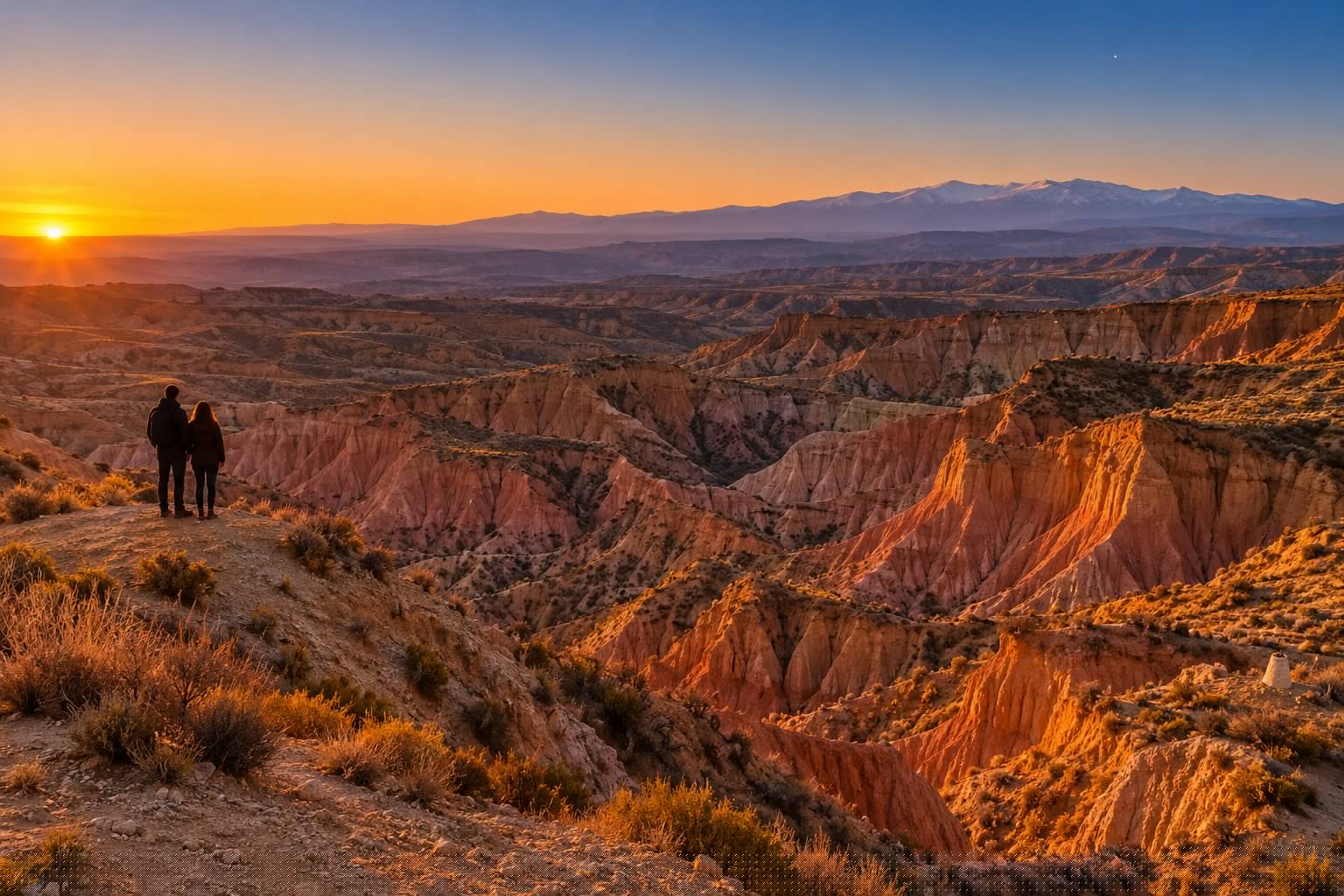 Cárcavas y barrancos de arcilla del Geoparque de Granada al atardecer, con la silueta lejana de una pareja de espaldas en un mirador